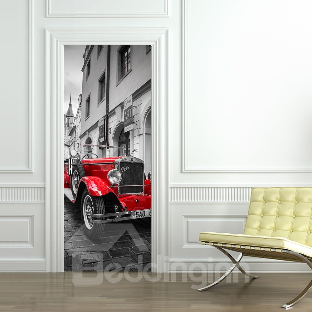 30¡Á79in Red Car and City PVC Environmental and Waterproof 3D Door Mural