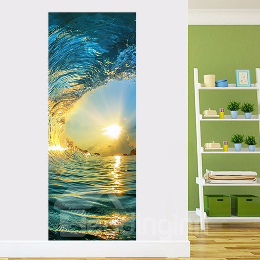 Mural de puerta 3D ambiental e impermeable de PVC con marea de sol y mar de 30 × 79 pulgadas