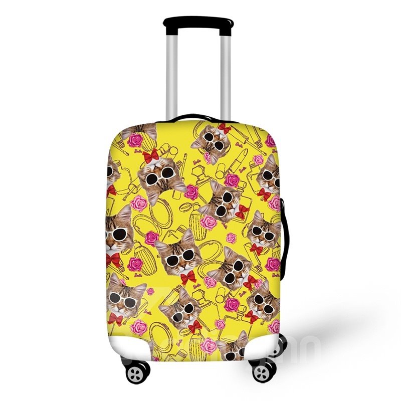 Washable Cat with Glasses Floral Waterproof Travel Zipper Nylon 3D Luggage Cover