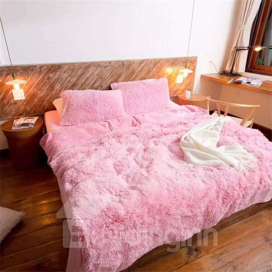 Full Size Solid Pink Princess Style 4Pcs Fluffy Bedding Sets Warm Duvet Cover with Zipper Ties