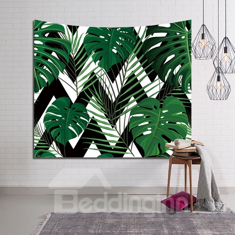Tapiz de pared colgante decorativo con estampado de hojas tropicales verdes