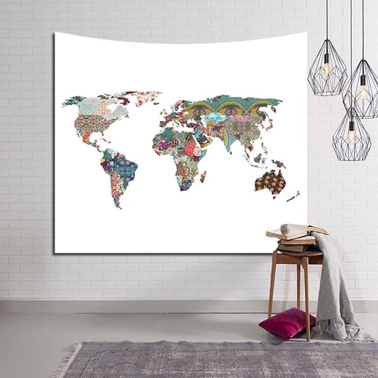 Tapiz de pared blanco colgante decorativo Boho Chic con mapa del mundo colorido
