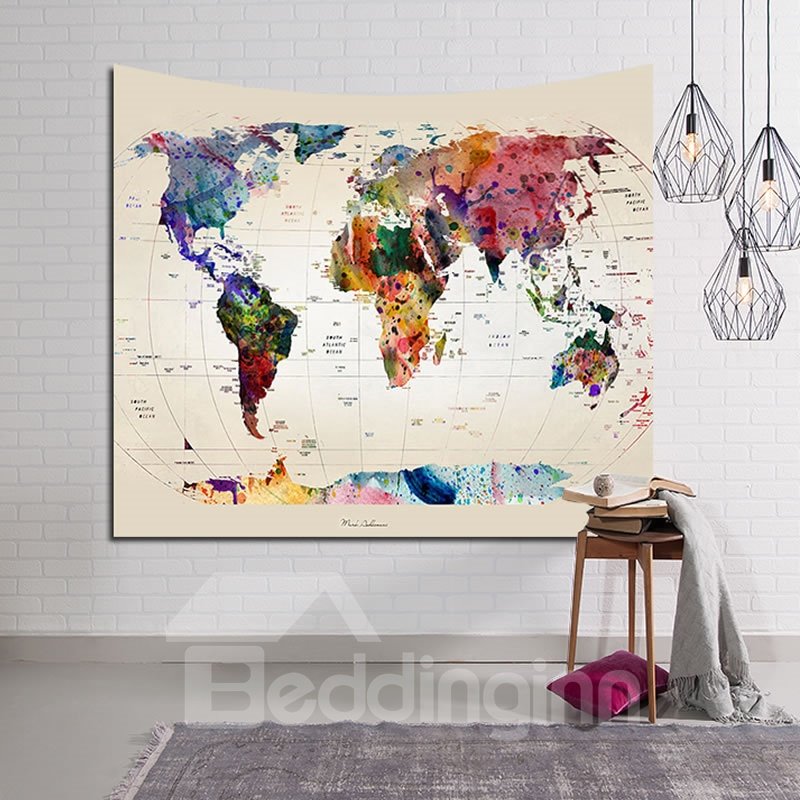 Tapiz de pared colgante decorativo con pintura de mapa mundial de acuarelas múltiples