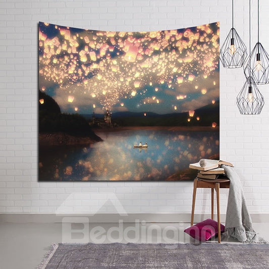 Tapiz de pared colgante decorativo con diseño de farolillos de deseo y amor, cielo brillante