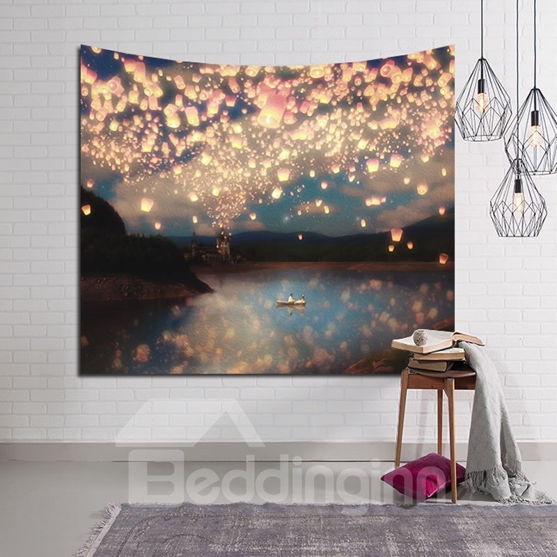 Wish and Love Lanterns Bright Sky Decorative Hanging Wall Tapestry