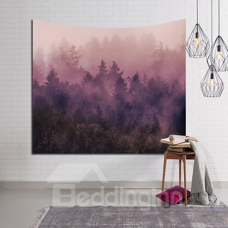 Tapiz de pared colgante decorativo con madera misteriosa y niebla rosa