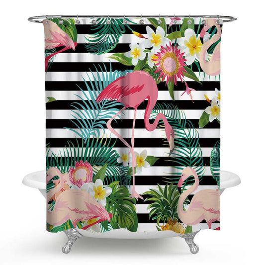 3D Waterproof Flamingos and Stripes Printed Polyester Shower Curtain