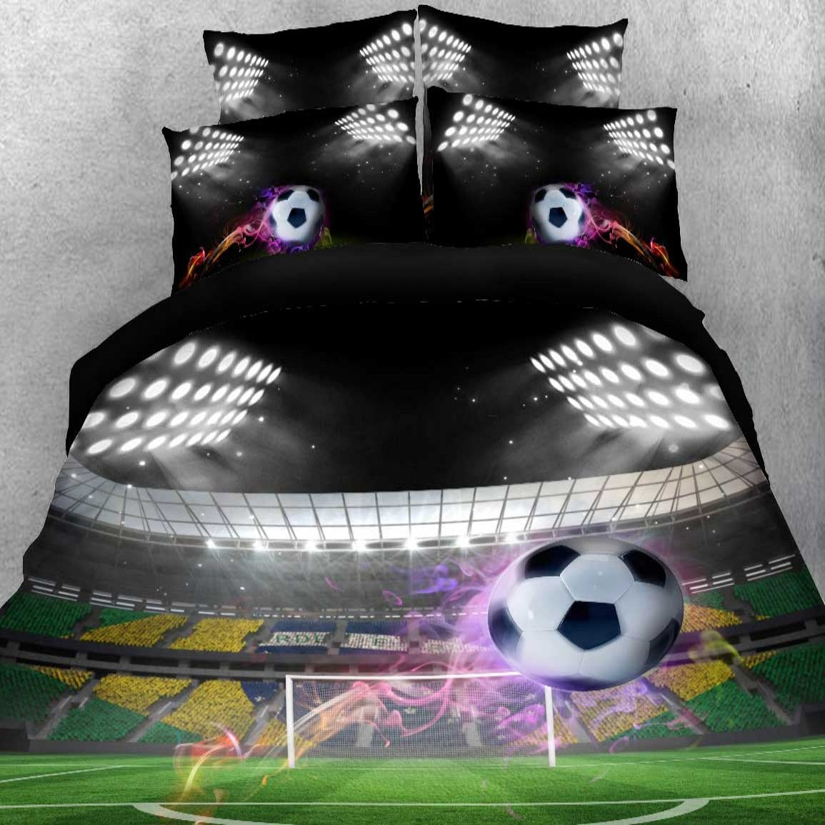 Balón de fútbol volador bajo las luces del estadio Impreso en 3D Juegos de cama de 4 piezas / Fundas nórdicas de microfibra