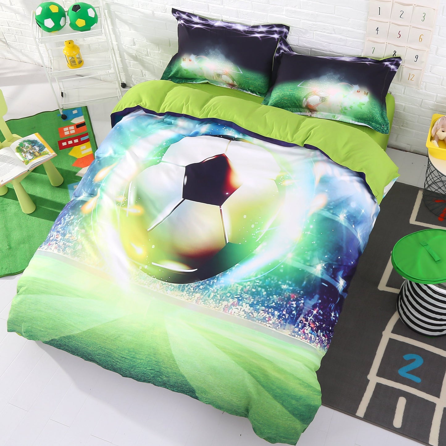 Soccer Print Bedding, Soccer Ball in Halo 4-Piece Duvet Cover Set Microfiber with Flat Sheet 2 Piilowcases