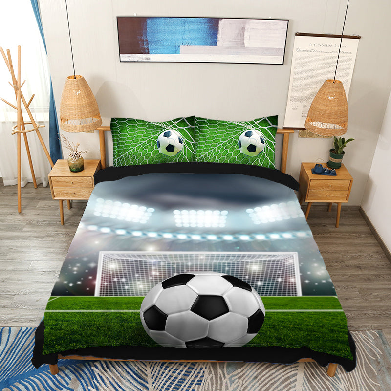 Nur in den USA: Fußball vor dem Tor, bedruckte 3D-4-teilige Bettwäsche-Sets/Bettbezüge, 2 Kissenbezüge, 1 Bettlaken, 1 Bettbezug, Mikrofaser, Grün 