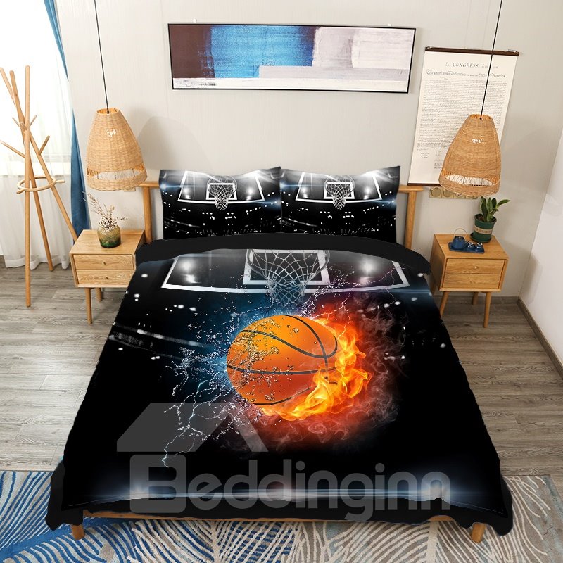 Basketball in Feuer und Wasser 3D 4-teiliges Bettbezug-Set/Bettwäsche-Set für Teenager und Jungen, Schwarz