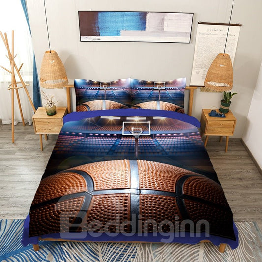 Shooting a Basketball in Empty Basketball Court Printed 3D 4-Piece Bedding Set/Duvet Cover Set Microfiber