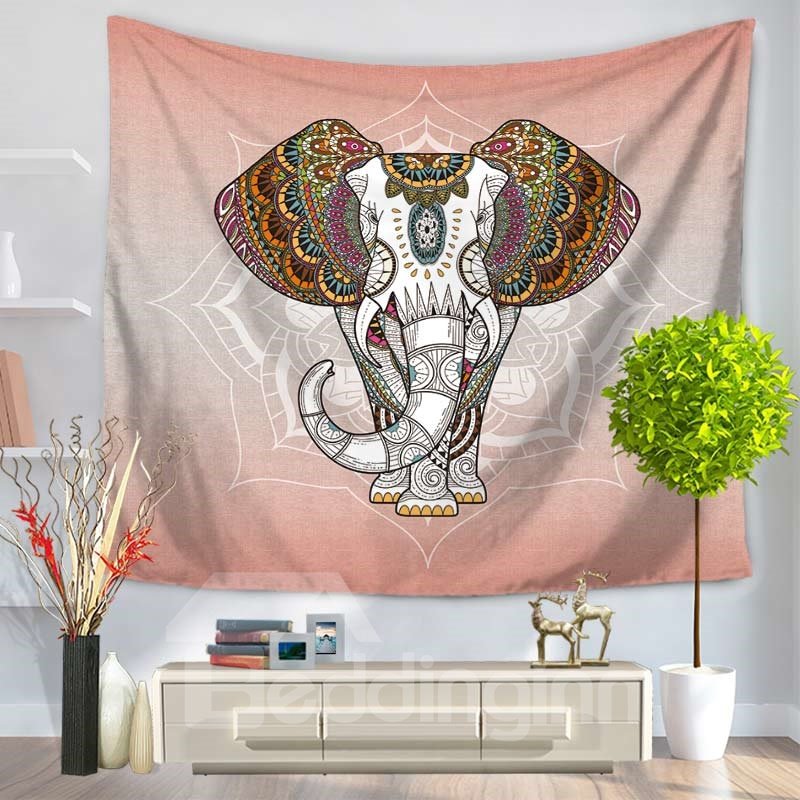 Elephant Head with Mandala Pattern Exotic Style Gradient Pink Decorative Hanging Wall Tapestry