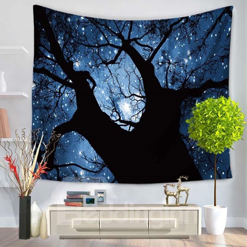 Tree Trunk and Twinkle Stars Magical Night Sky Decorative Hanging Wall Tapestry