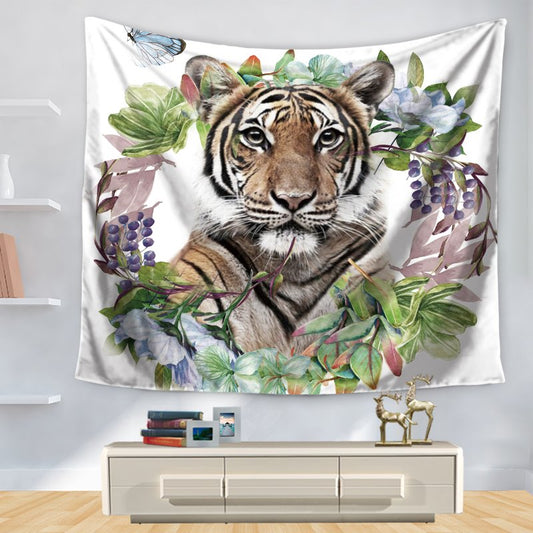Aquarell-Tiger mit Blumen und Schmetterlingsmuster, dekorativer Wandteppich zum Aufhängen