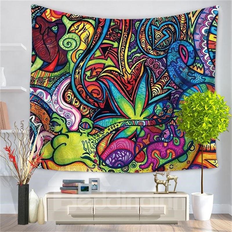 Abstrakter, farbenfroher Wandteppich mit Tieren und Menschen im Ethno-Stil, dekorativer Wandteppich zum Aufhängen