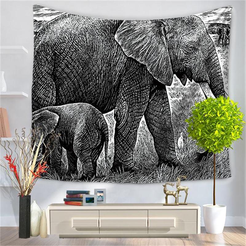 Pencil Sketch Parent-child Elephant Pattern Decorative Hanging Wall Tapestry