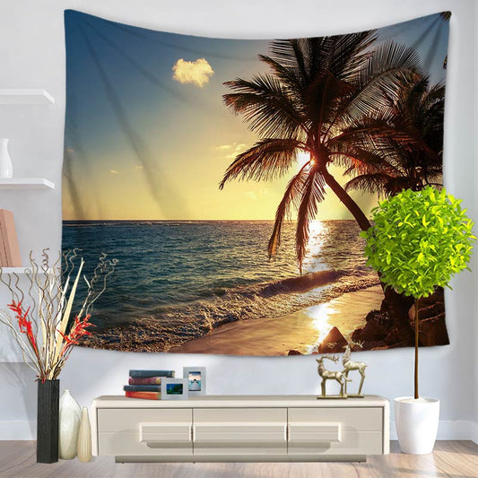 Tapiz de pared colgante decorativo con patrón de vacaciones informales, palmeras con paisaje marino y puesta de sol