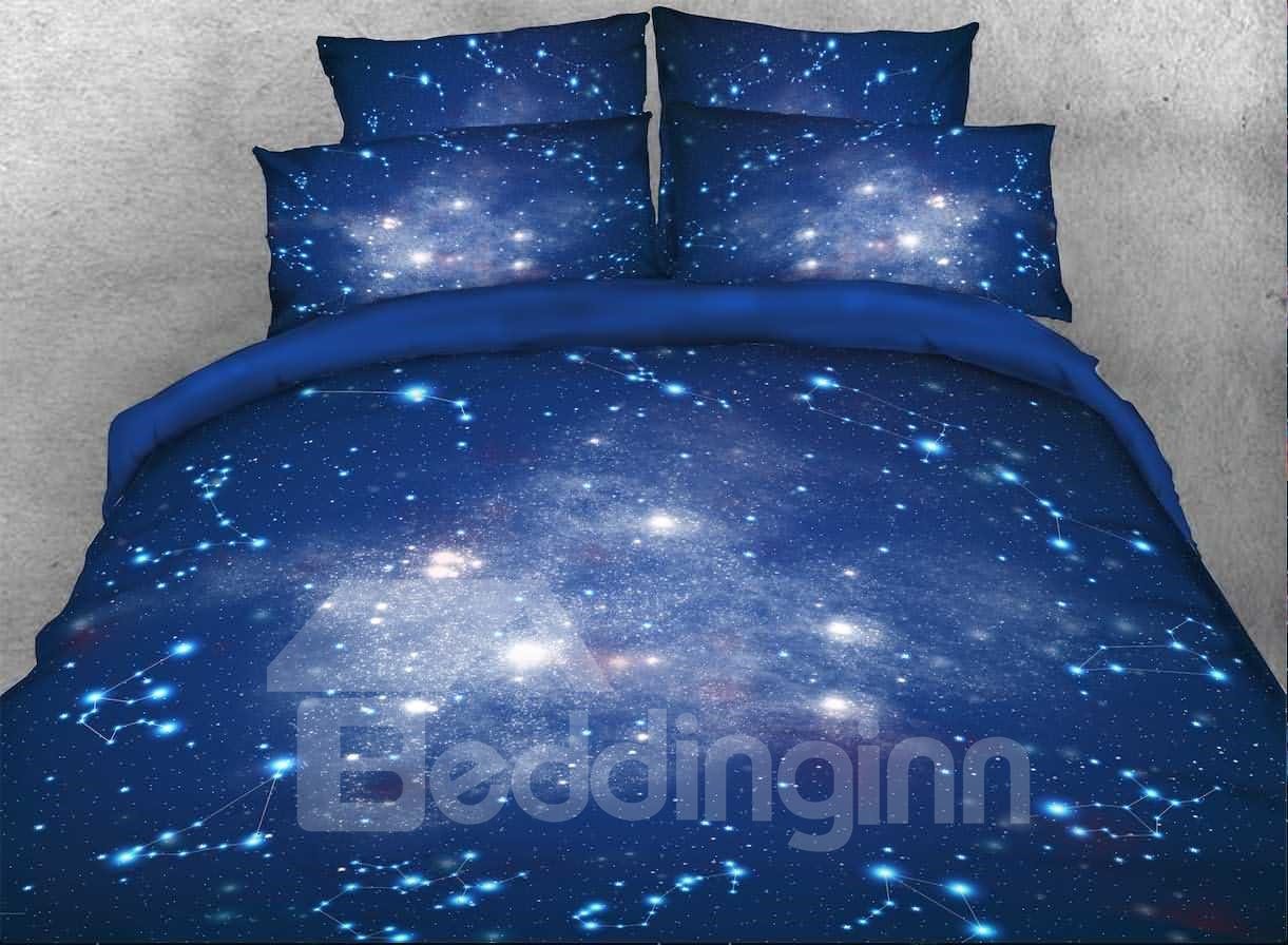 Galaxy and Constellation Printed 3D Duvet Cover Set 4-Piece Blue Bedding Sets Microfiber