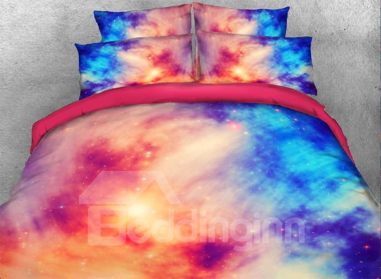 Juego de cama de 4 piezas con estampado de galaxia en contraste azul rosa 3D/juego de funda nórdica de microfibra 