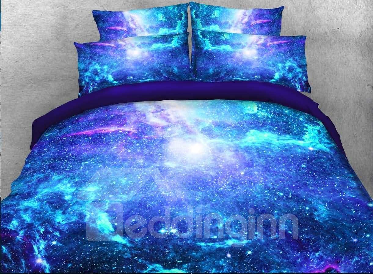 Space Galaxy 4-teiliges 3D-Bettwäsche-Set in Blau, Bettbezug mit Reißverschluss 