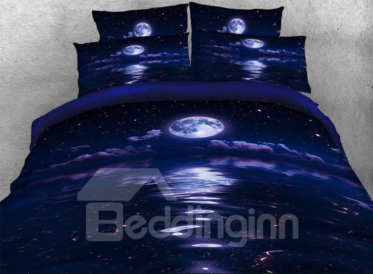 Juego de cama/funda nórdica de 4 piezas con estampado 3D de noche de galaxia y luna, azul 