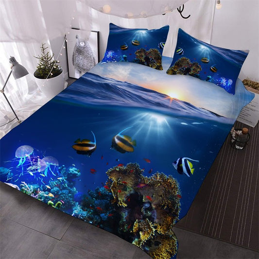 Die Unterwasserwelt durch das Meer gesehen 3D-gedrucktes 3-teiliges Bettdeckenset/Bettwäscheset Blau 