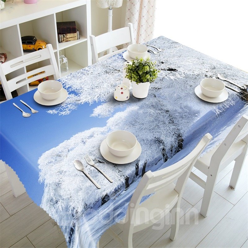3D Snow Pine Trees Printed Thick Polyester Natural Scenery Table Runner Cloth Cover