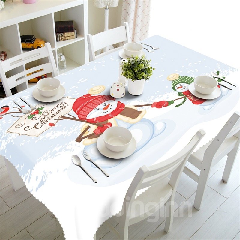 3D Lovely Snowman Father and Kid Printed Winter Scenery Table Cloth Cover