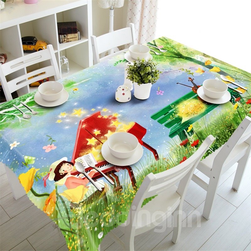 Bedruckte Tischdecke mit 3D-Motiv „Schönes Mädchen und Klavier mit wunderschönen Blumen“.