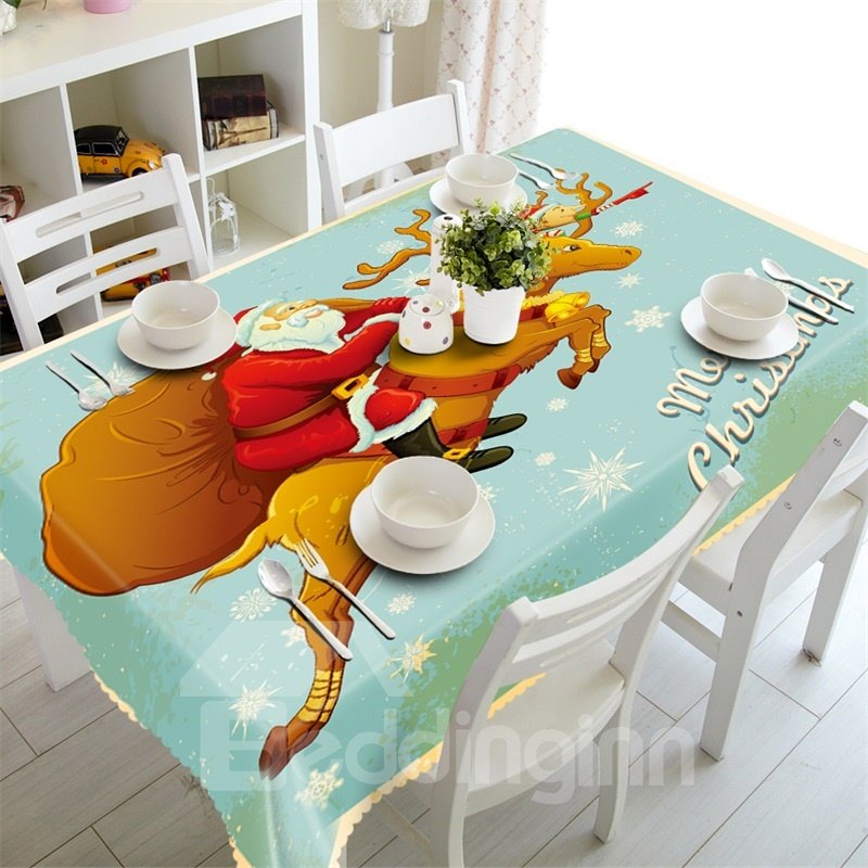 3D Santa Claus and His reindeer Printed Modern Style Table Runner Cloth Cover