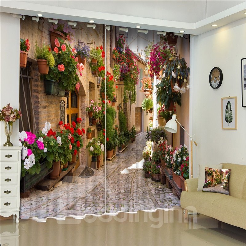 3D Retro Alley with Beautiful Flowers Printed European Style Blackout and Shading Curtain