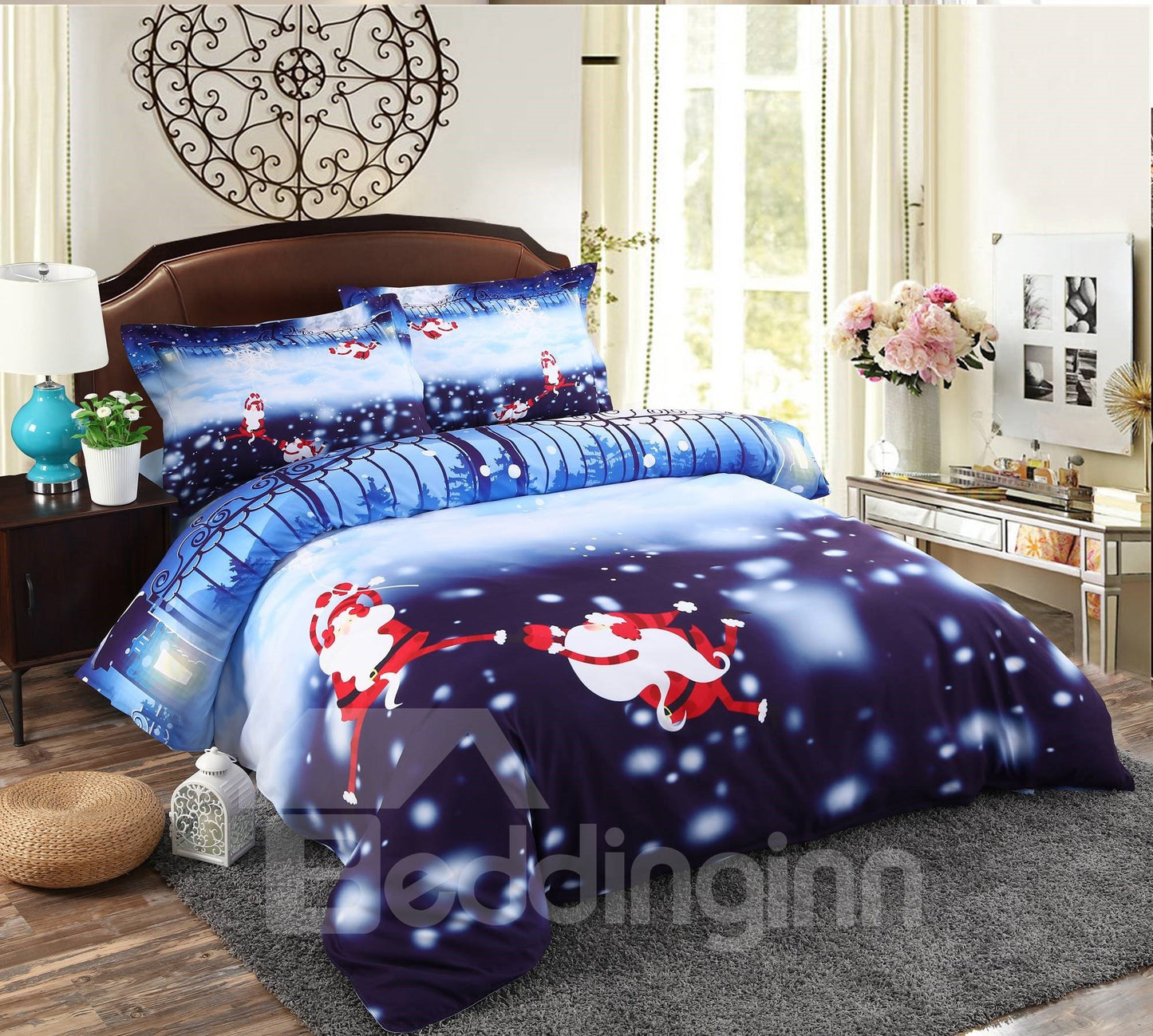 Affe, Weihnachtsmann und Schneeflocke, bedruckt, 4-teilig, 3D-Bettwäsche-Sets/Bettbezüge, Mikrofaser, Blau 