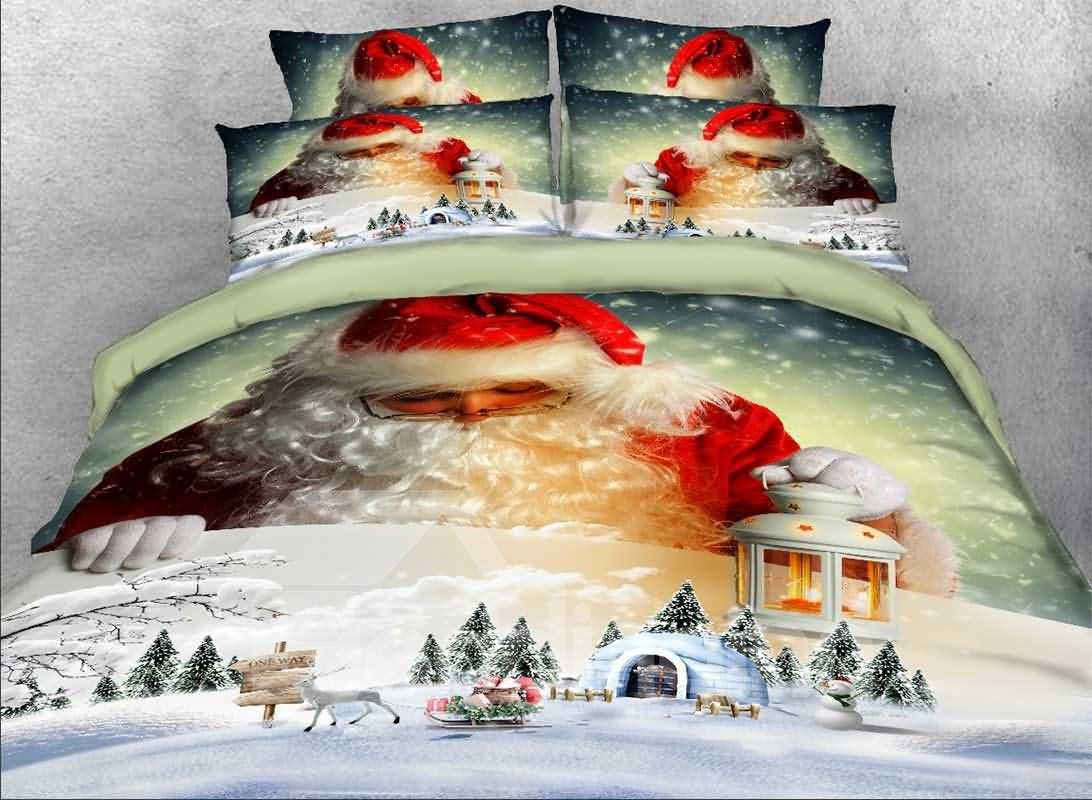 Free Shipping For Only $26.99 3D Christmas Bedding Santa Claus and Gifts Print Holiday 4-Piece Bedding Set Duvet Cover Set Microfiber(Clearance Bedding Set £¬no return or exchange)