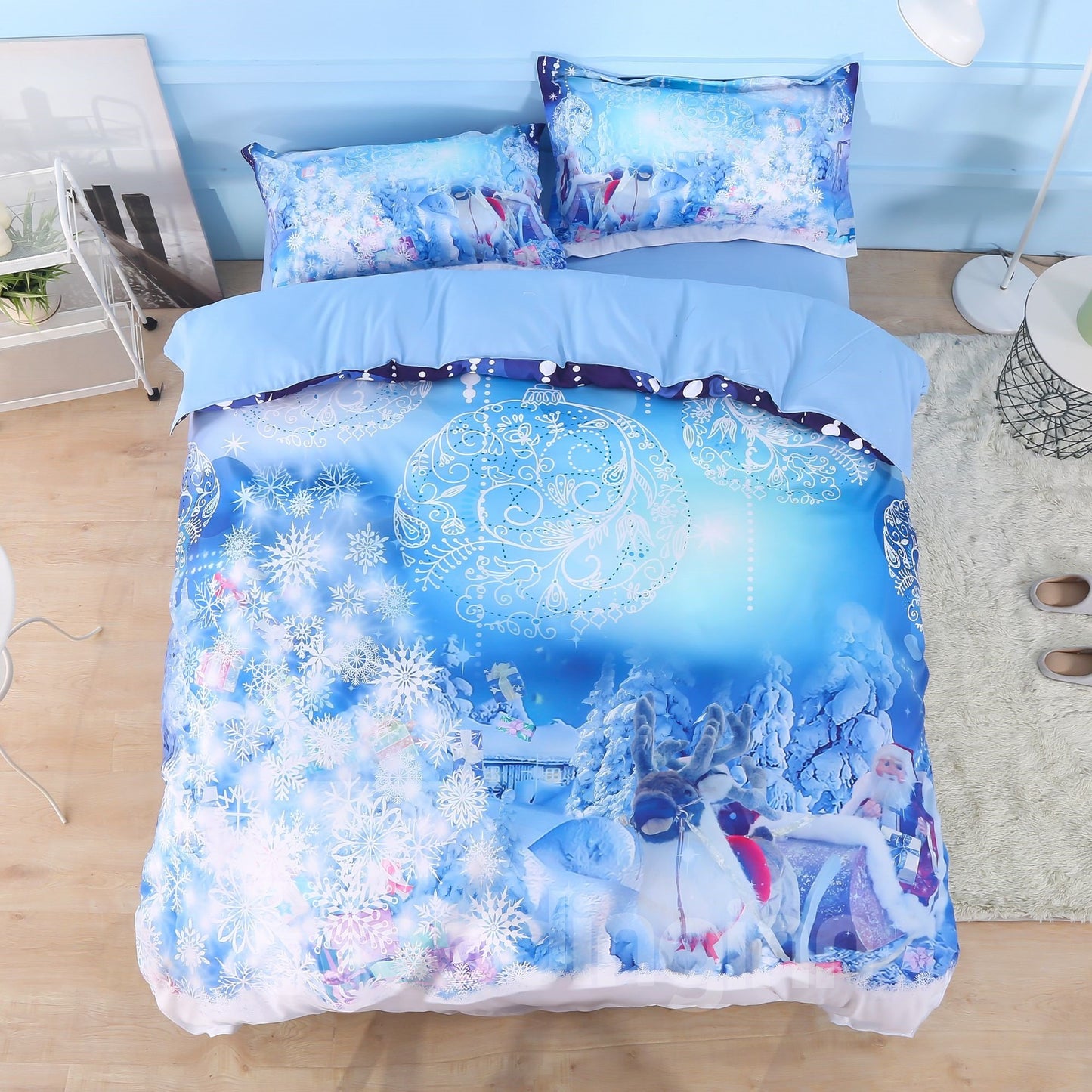 Santa Claus and Christmas Ornaments Bedding Set 3D Blue 4-Piece Duvet Cover Set Happy New Year Colorfast Wear-resistant Endurable Skin-friendly Polyester All-Season