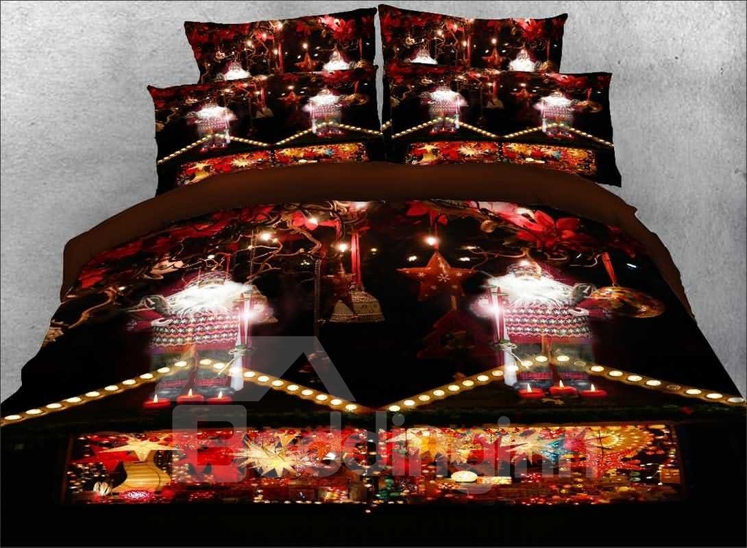 3D-Bettwäsche-Set mit Weihnachtsmann und Weihnachtskerze, 4-teilig, mit Reißverschluss, warmes Bettbezug-Set, farbecht, verschleißfest, langlebig, hautfreundlich, ultraweiche, lichtbeständige Mikrofaser 