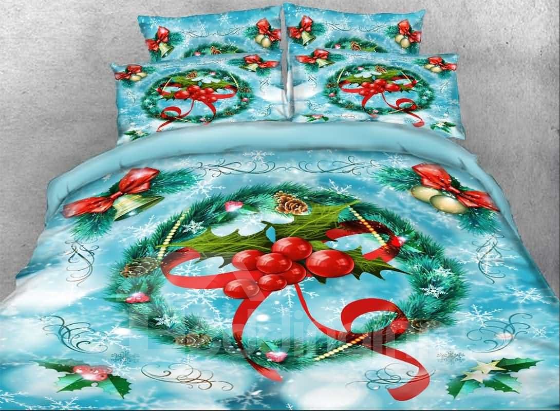 3D Blue Christmas Bedding Wreath with Red Berries Printed 4-Piece Duvet Cover Set Colorfast Wear-resistant Endurable Skin-friendly Ultra-soft No-fading Microfiber