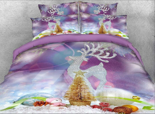 3D Christmas Ornaments Reindeer Printed 4-Piece Bedding Set/Duvet Cover Set Microfiber Purple
