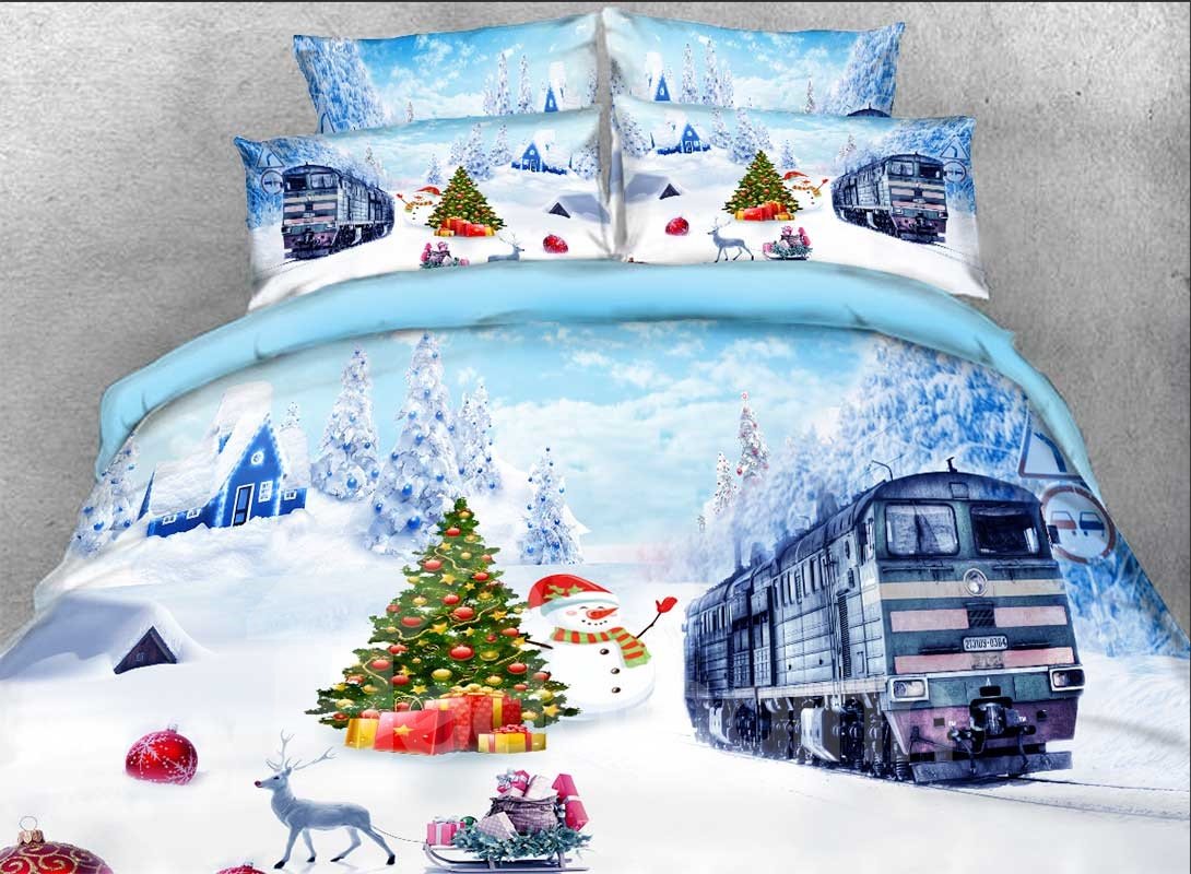 Christmas Snowman and Train 3D 4-Piece Bedding Set/Duvet Cover Set Colorfast Wear-resistant Endurable Skin-friendly All-Season Ultra-soft Microfiber No-fading Blue