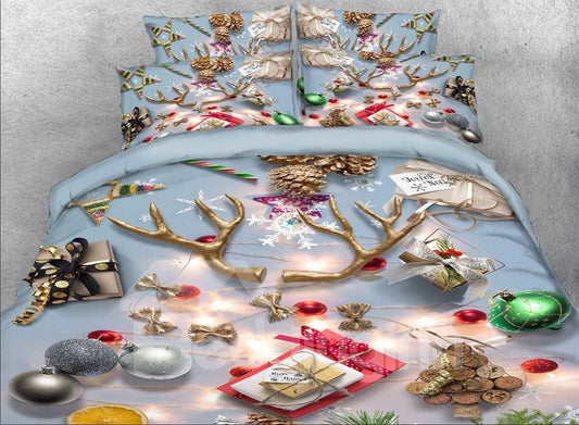 4-teilige 3D-Bettwäsche-Sets/Bettbezüge aus bedrucktem Polyester mit Weihnachtsornamenten
