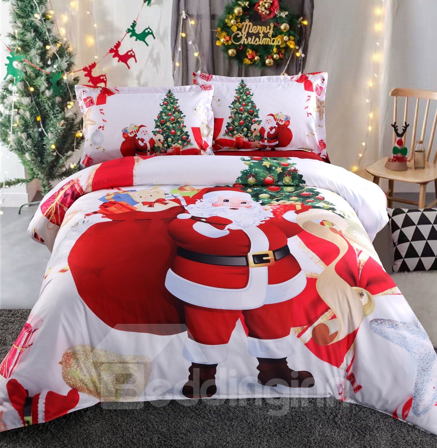 Sólo en EE. UU. Santa y árbol de Navidad Impreso Poliéster 4 piezas Juegos de cama blancos 3D / Fundas nórdicas No destiñen Resistente al desgaste Duradero Agradable para la piel Para todas las estaciones