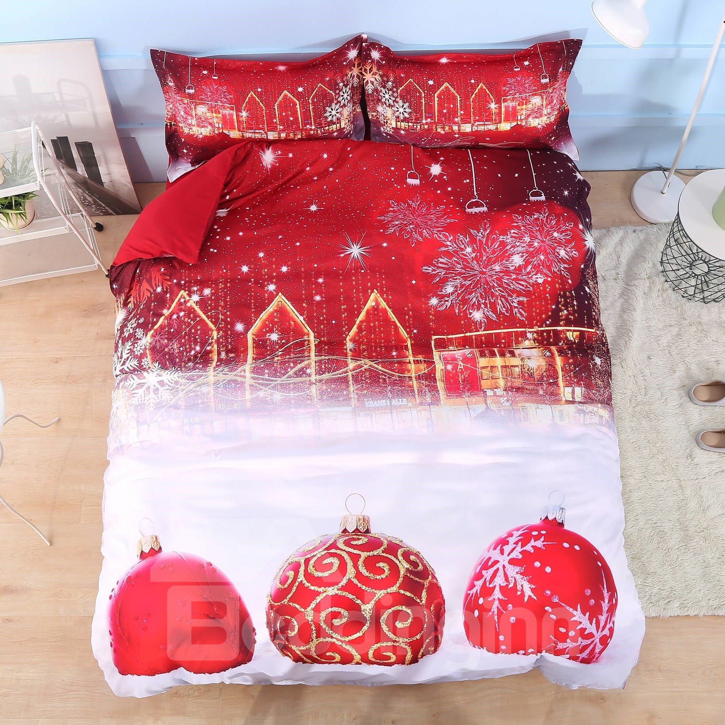 Rote Weihnachtskugel-Ornamente, 3D-gedrucktes 4-teiliges Polyester-Bettwäsche-Set, Bettbezüge, farbecht, verschleißfest, langlebig, hautfreundlich, ganzjährig, ultraweiche Mikrofaser, lichtecht 