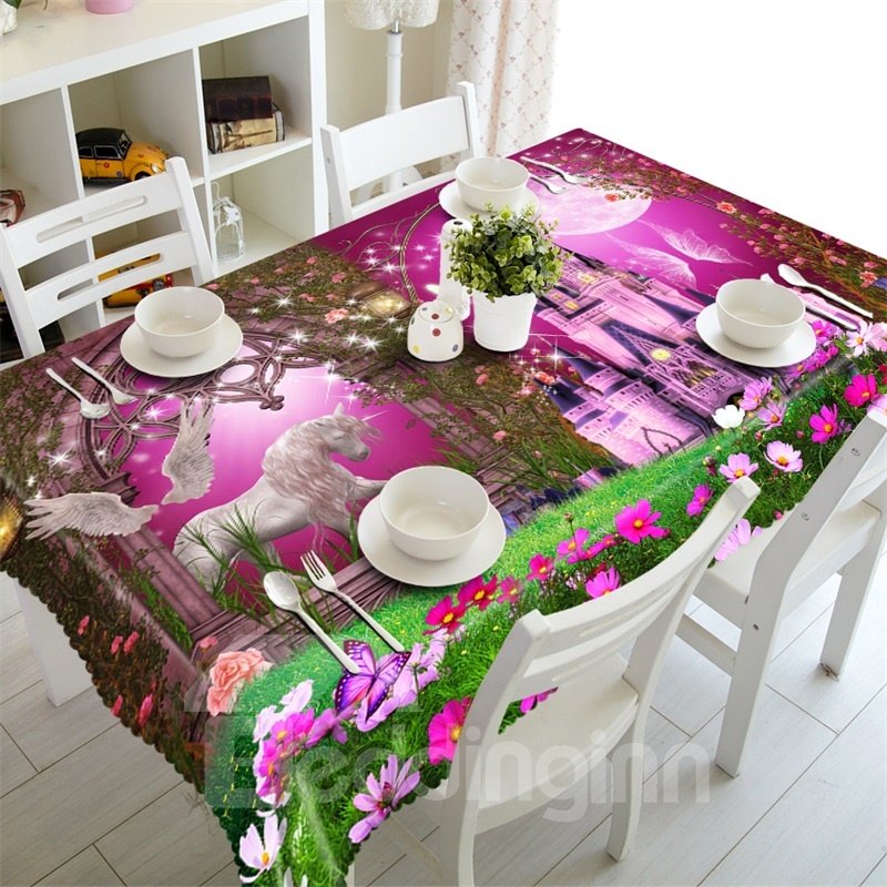 3D Sheep and Angel with Castle Printed Wonderful Scenery Thick Polyester Table Cloth Cover