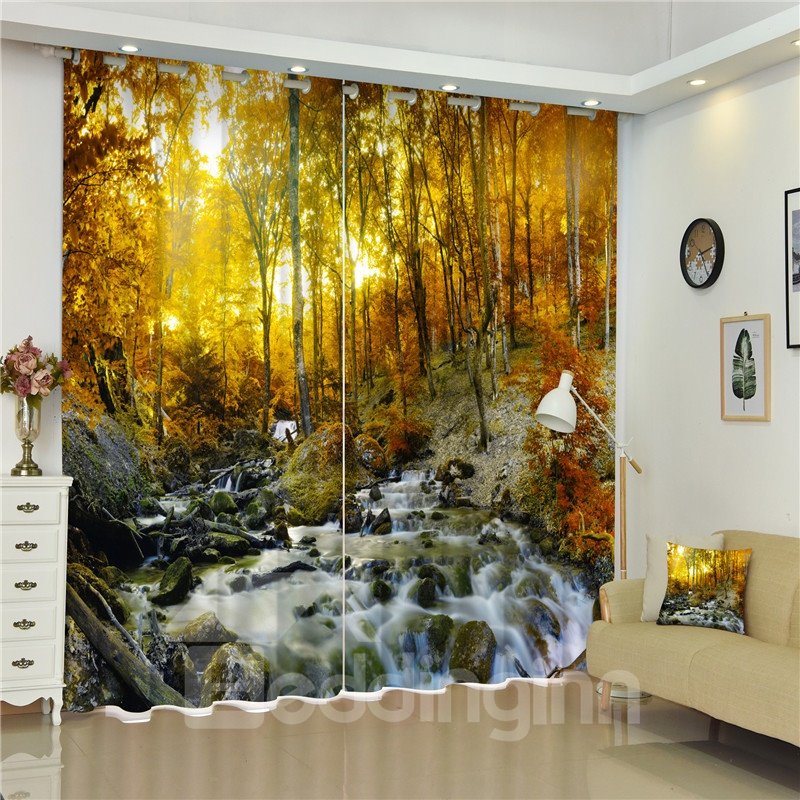 3D Flowing Water Mustard Yellow Leaves and Trees Printed Amazing Autumn 2 Panels Shading Curtain