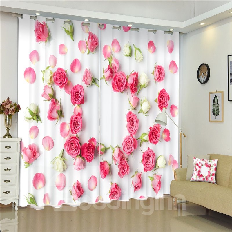 3D Pink Roses Printed Rose the Ocean of Red Rose Thick Polyester Blackout Curtain
