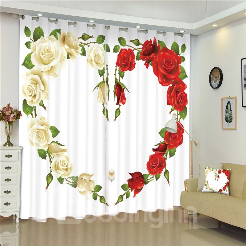 3D White Roses and Red Roses Heart-Shaped Printed Romantic Style 2 Panels Curtain