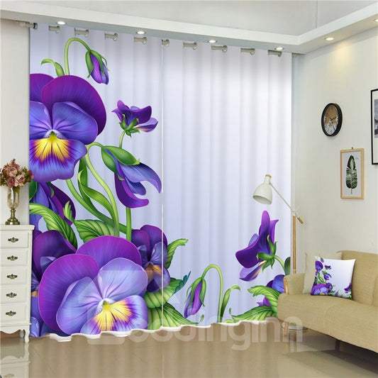 3D Purple Flowers Printed Romantic Style Charming Plants 2 Panels Living Room Curtain