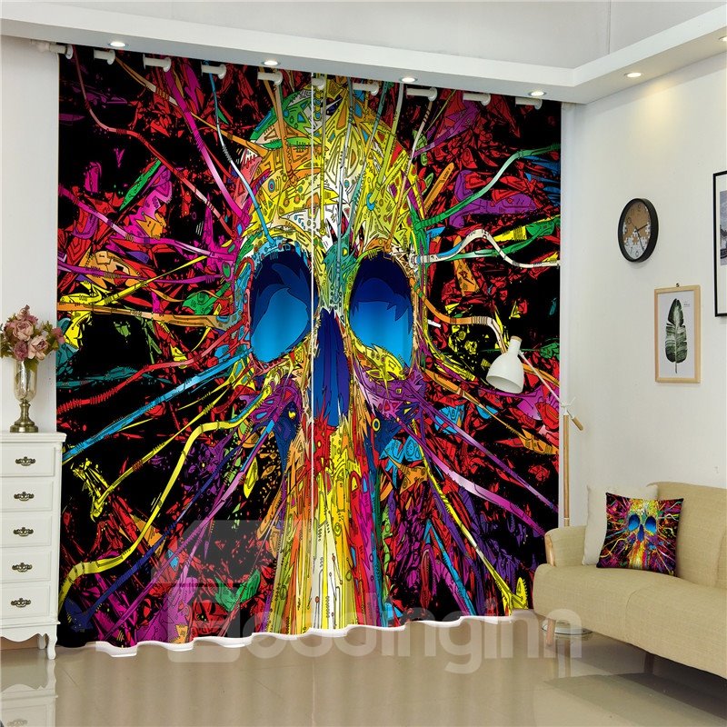 3D Brilliantly Colored Skull Printed Amazing Scenery 2 Panels Decorative and Blackout Curtain