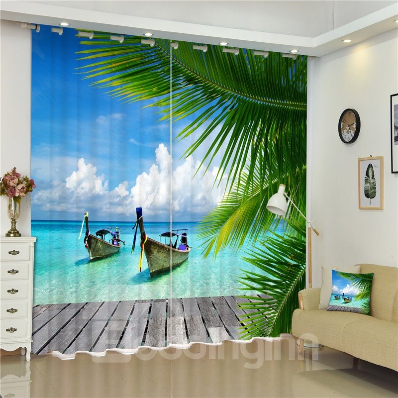 Barcos 3D y coníferas verdes con mar azul, cortina de sala de estar personalizada con paisaje de playa impreso