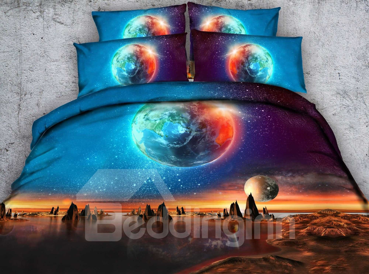 4-teilige 3D-Bettwäsche-Sets/Bettbezüge aus bedrucktem Polyester mit Galaxie und der Erde